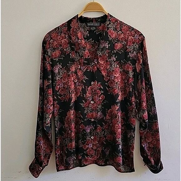 Baldanza Allover Floral Silk Satin Point Collar Blouse Preppy Retro Secretary - Picture 1 of 11